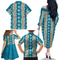 Hawaii Ohia Lehua Family Matching Off The Shoulder Long Sleeve Dress and Hawaiian Shirt Tropical Vibes Teal