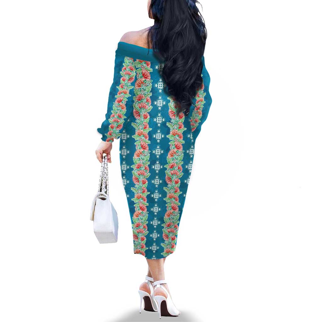 Hawaii Ohia Lehua Family Matching Off The Shoulder Long Sleeve Dress and Hawaiian Shirt Tropical Vibes Teal