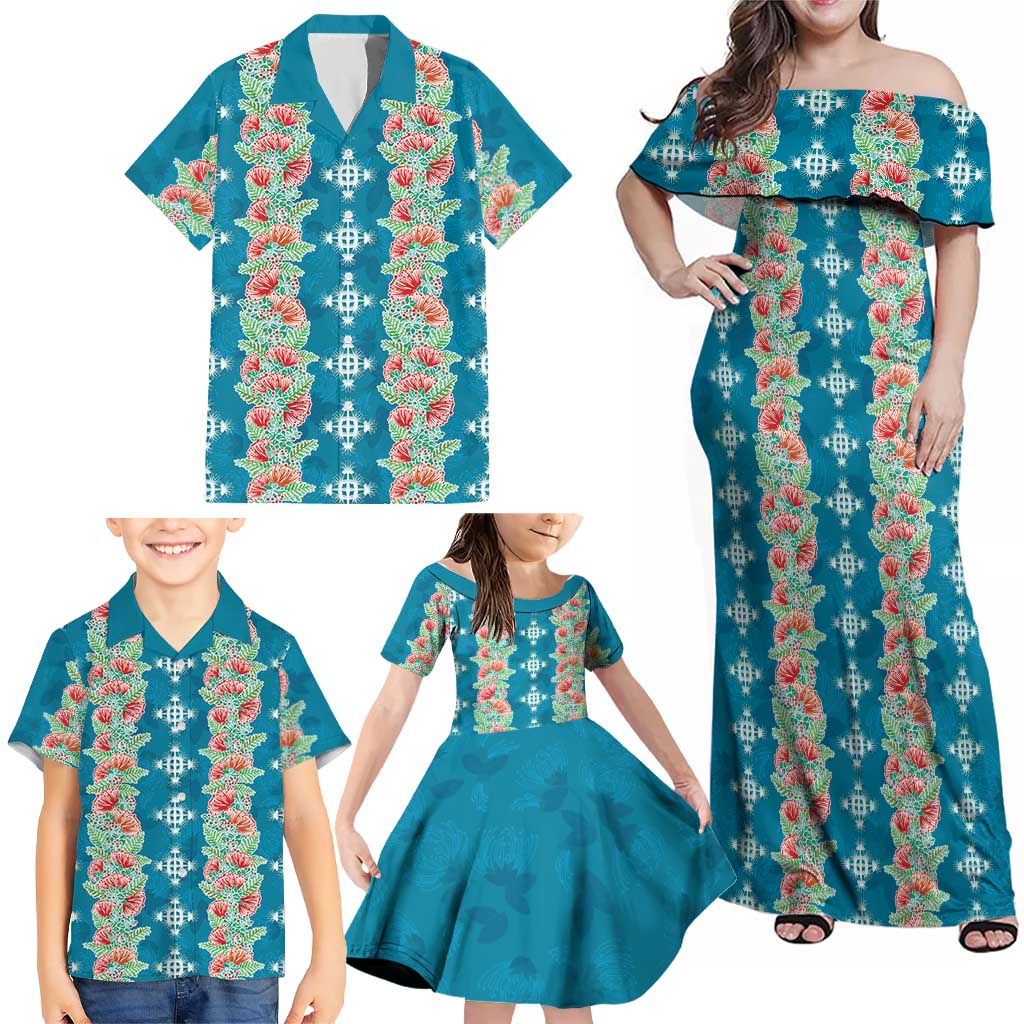Hawaii Ohia Lehua Family Matching Off Shoulder Maxi Dress and Hawaiian Shirt Tropical Vibes Teal