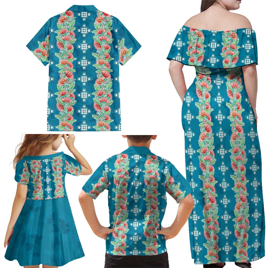 Hawaii Ohia Lehua Family Matching Off Shoulder Maxi Dress and Hawaiian Shirt Tropical Vibes Teal