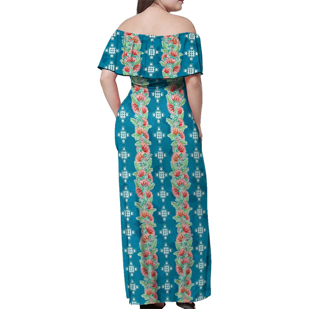 Hawaii Ohia Lehua Family Matching Off Shoulder Maxi Dress and Hawaiian Shirt Tropical Vibes Teal