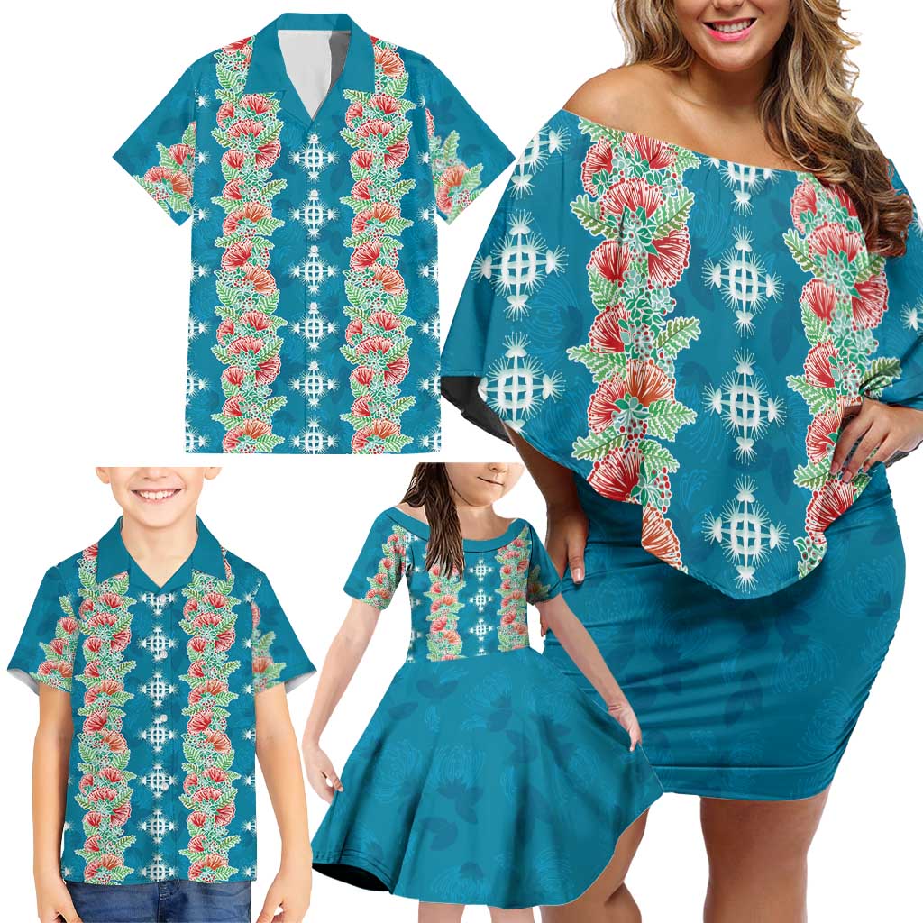 Hawaii Ohia Lehua Family Matching Off Shoulder Short Dress and Hawaiian Shirt Tropical Vibes Teal
