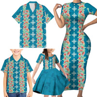 Hawaii Ohia Lehua Family Matching Short Sleeve Bodycon Dress and Hawaiian Shirt Tropical Vibes Teal