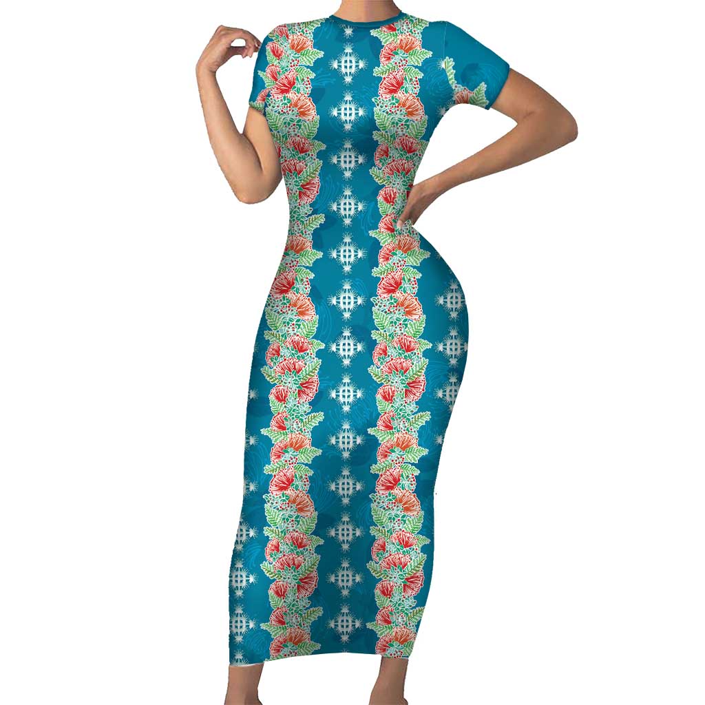 Hawaii Ohia Lehua Family Matching Short Sleeve Bodycon Dress and Hawaiian Shirt Tropical Vibes Teal