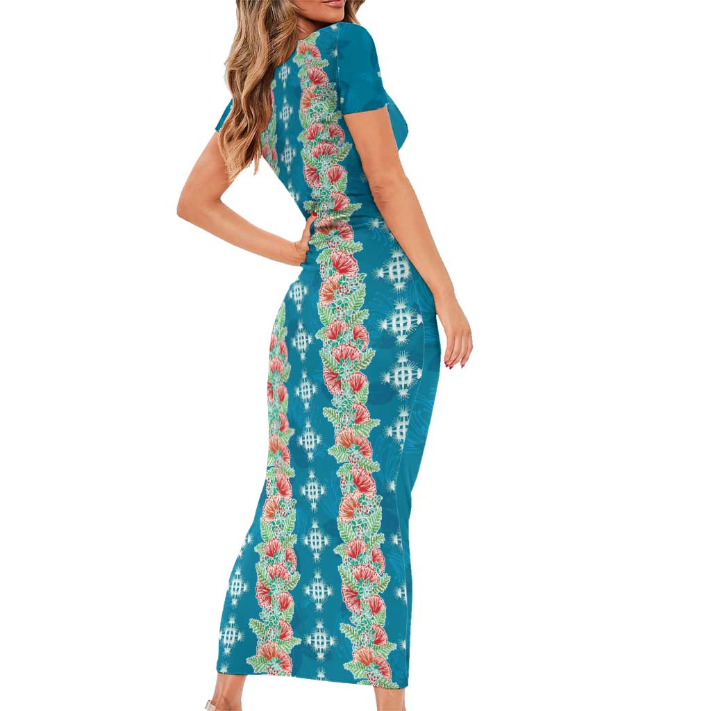 Hawaii Ohia Lehua Family Matching Short Sleeve Bodycon Dress and Hawaiian Shirt Tropical Vibes Teal