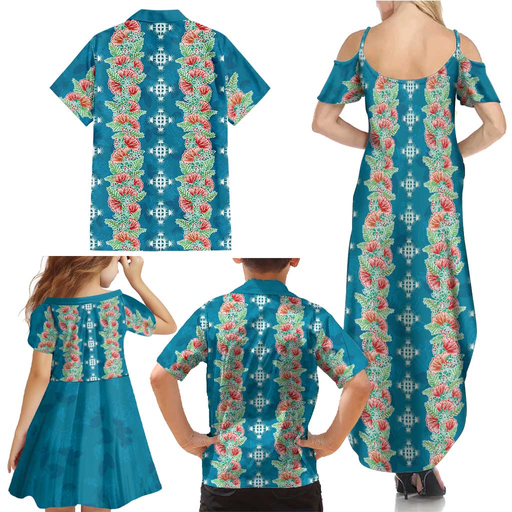 Hawaii Ohia Lehua Family Matching Summer Maxi Dress and Hawaiian Shirt Tropical Vibes Teal