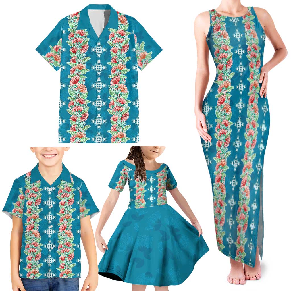Hawaii Ohia Lehua Family Matching Tank Maxi Dress and Hawaiian Shirt Tropical Vibes Teal