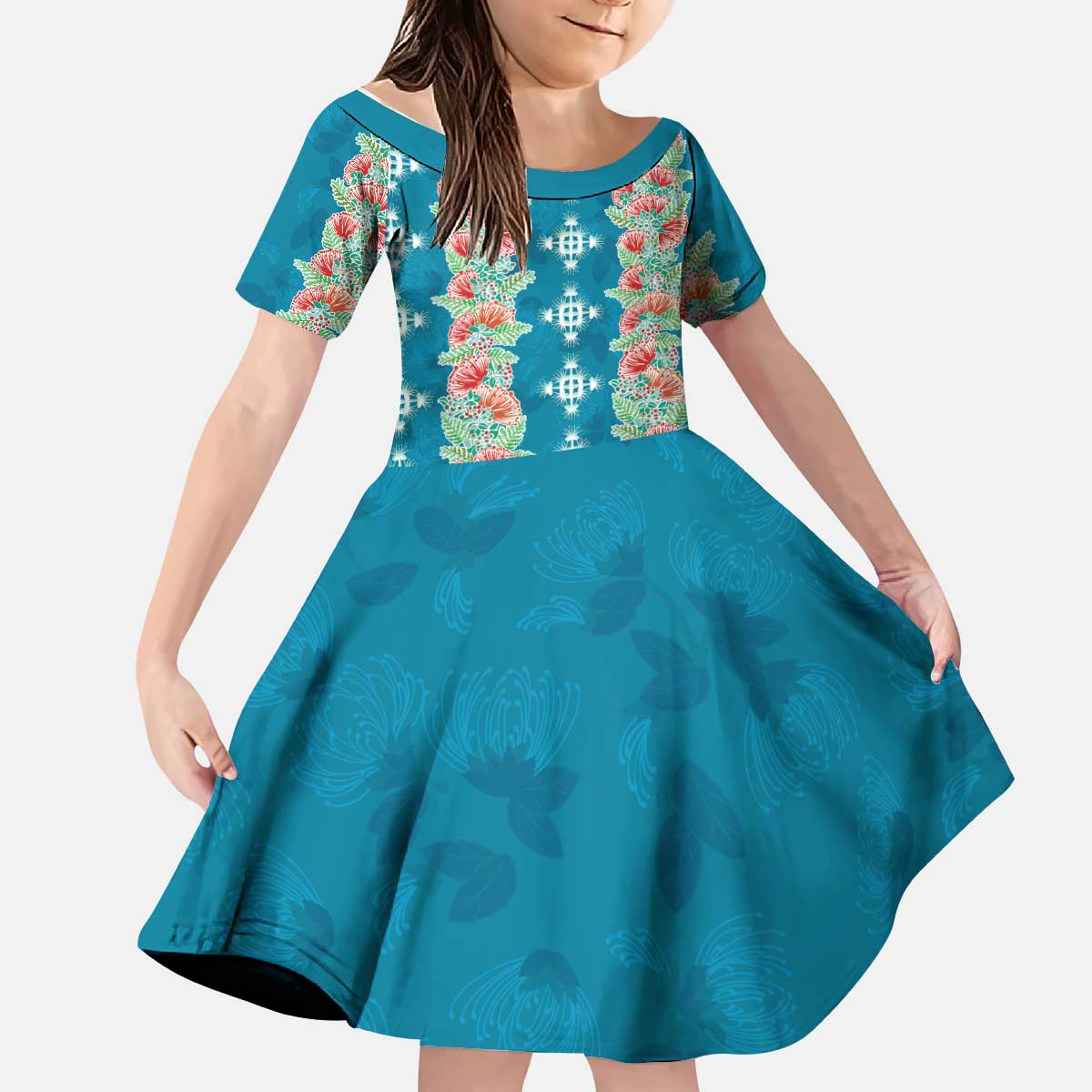 Hawaii Ohia Lehua Kid Short Sleeve Dress Tropical Vibes Teal