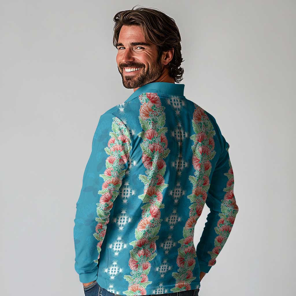 Hawaii Ohia Lehua Long Sleeve Polo Shirt Tropical Vibes Teal