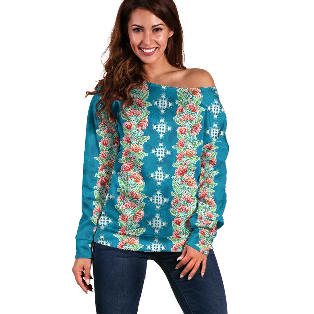 Hawaii Ohia Lehua Off Shoulder Sweater Tropical Vibes Teal