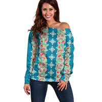 Hawaii Ohia Lehua Off Shoulder Sweater Tropical Vibes Teal