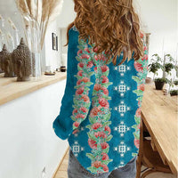 Hawaii Ohia Lehua Women Casual Shirt Tropical Vibes Teal