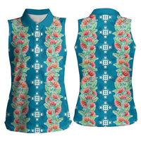 Hawaii Ohia Lehua Women Sleeveless Polo Shirt Tropical Vibes Teal