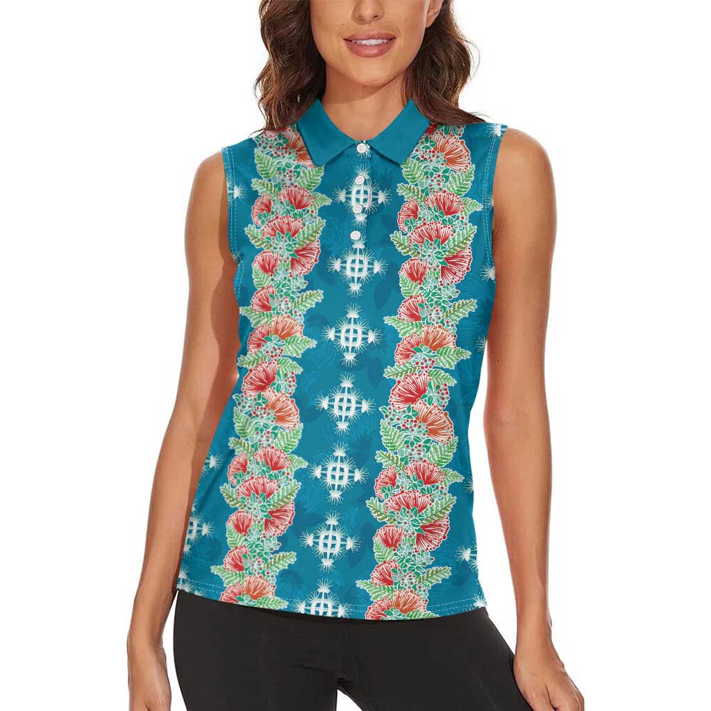 Hawaii Ohia Lehua Women Sleeveless Polo Shirt Tropical Vibes Teal