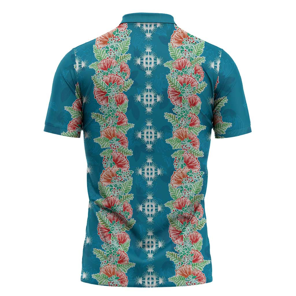 Hawaii Ohia Lehua Zipper Polo Shirt Tropical Vibes Teal