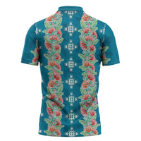Hawaii Ohia Lehua Zipper Polo Shirt Tropical Vibes Teal