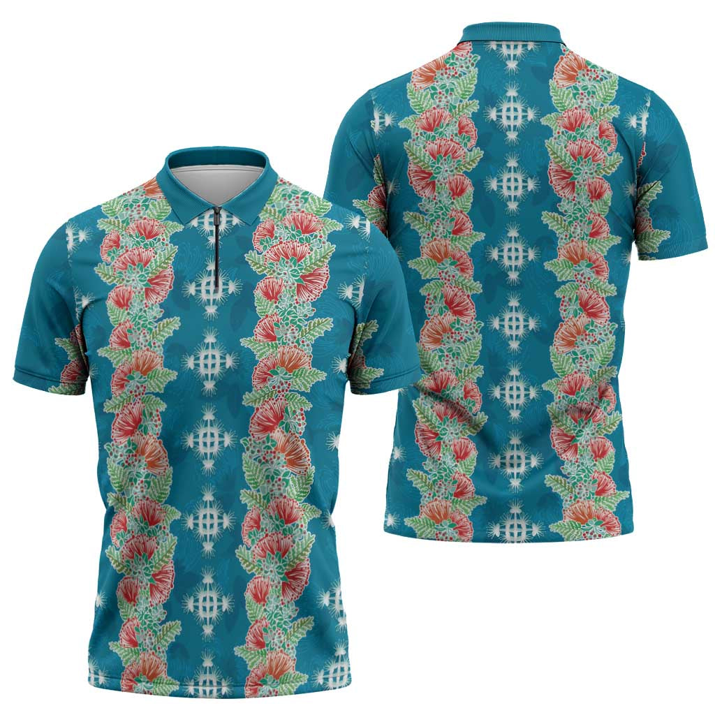 Hawaii Ohia Lehua Zipper Polo Shirt Tropical Vibes Teal