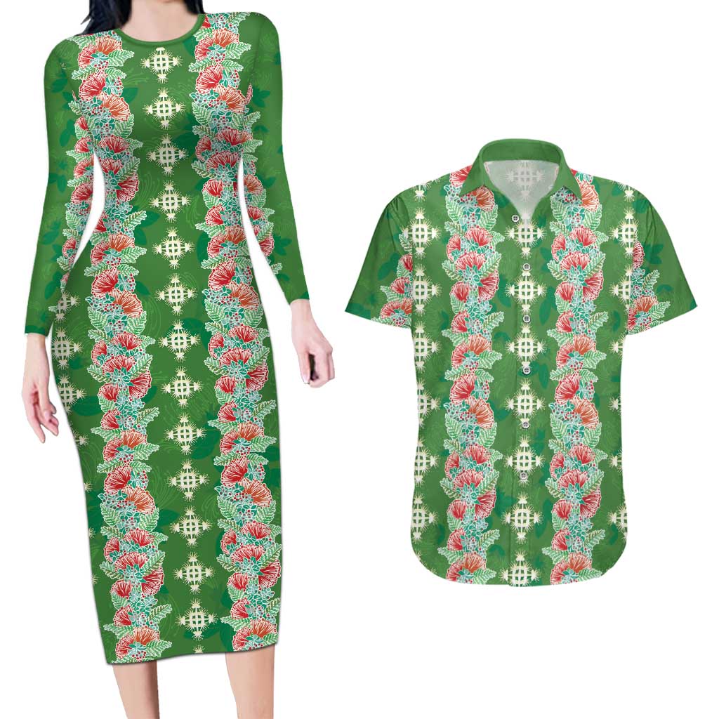Hawaii Ohia Lehua Couples Matching Long Sleeve Bodycon Dress and Hawaiian Shirt Tropical Vibes Green