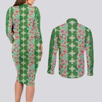 Hawaii Ohia Lehua Couples Matching Long Sleeve Bodycon Dress and Long Sleeve Button Shirt Tropical Vibes Green