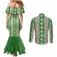 Hawaii Ohia Lehua Couples Matching Mermaid Dress and Long Sleeve Button Shirt Tropical Vibes Green