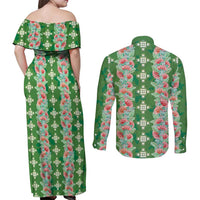 Hawaii Ohia Lehua Couples Matching Off Shoulder Maxi Dress and Long Sleeve Button Shirt Tropical Vibes Green