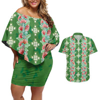 Hawaii Ohia Lehua Couples Matching Off Shoulder Short Dress and Hawaiian Shirt Tropical Vibes Green