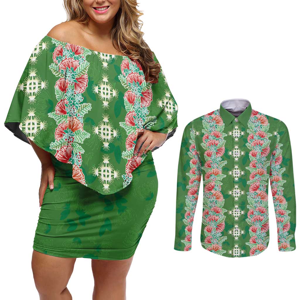 Hawaii Ohia Lehua Couples Matching Off Shoulder Short Dress and Long Sleeve Button Shirt Tropical Vibes Green