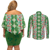 Hawaii Ohia Lehua Couples Matching Off Shoulder Short Dress and Long Sleeve Button Shirt Tropical Vibes Green