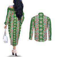Hawaii Ohia Lehua Couples Matching Off The Shoulder Long Sleeve Dress and Long Sleeve Button Shirt Tropical Vibes Green