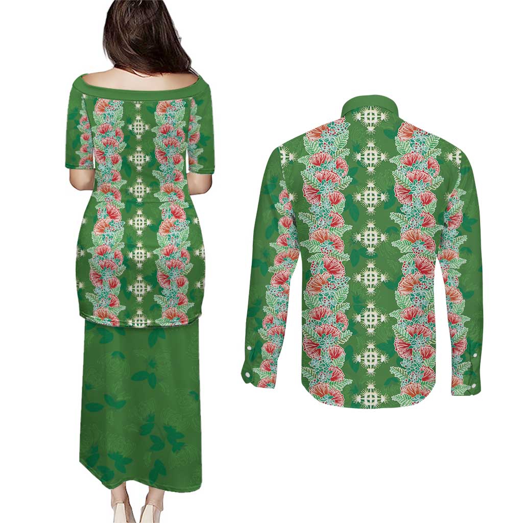 Hawaii Ohia Lehua Couples Matching Puletasi and Long Sleeve Button Shirt Tropical Vibes Green