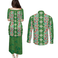 Hawaii Ohia Lehua Couples Matching Puletasi and Long Sleeve Button Shirt Tropical Vibes Green