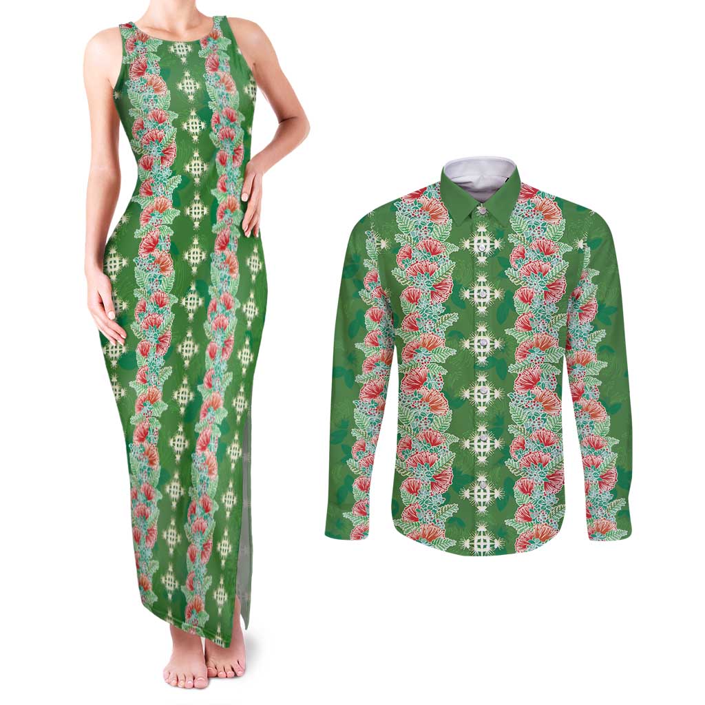 Hawaii Ohia Lehua Couples Matching Tank Maxi Dress and Long Sleeve Button Shirt Tropical Vibes Green