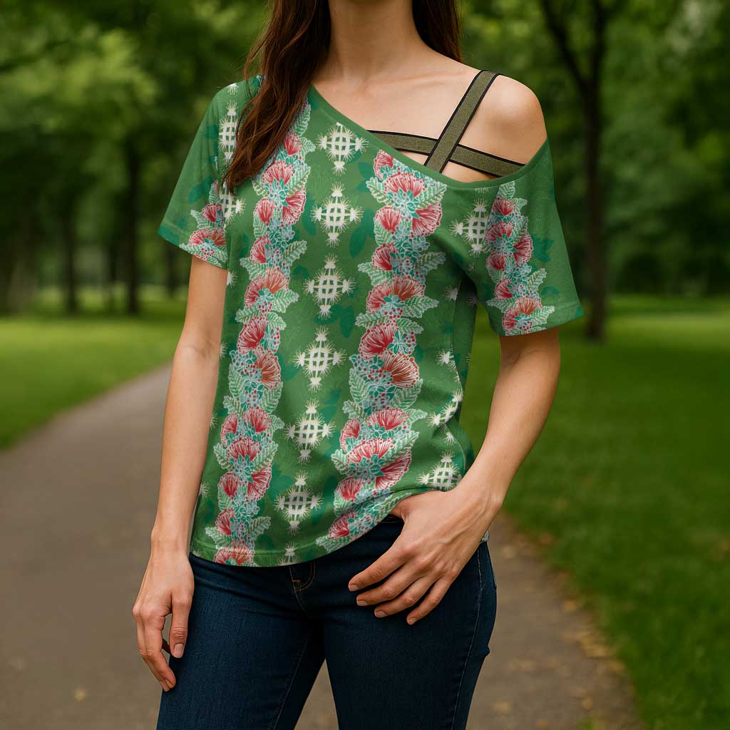 Hawaii Ohia Lehua Cross Shoulder Shirt Tropical Vibes Green