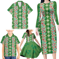 Hawaii Ohia Lehua Family Matching Long Sleeve Bodycon Dress and Hawaiian Shirt Tropical Vibes Green