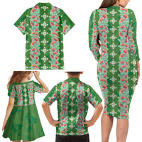 Hawaii Ohia Lehua Family Matching Long Sleeve Bodycon Dress and Hawaiian Shirt Tropical Vibes Green