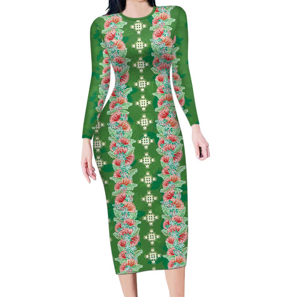Hawaii Ohia Lehua Family Matching Long Sleeve Bodycon Dress and Hawaiian Shirt Tropical Vibes Green