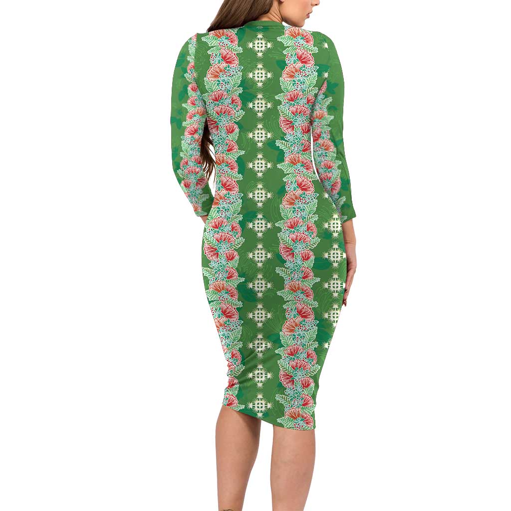 Hawaii Ohia Lehua Family Matching Long Sleeve Bodycon Dress and Hawaiian Shirt Tropical Vibes Green