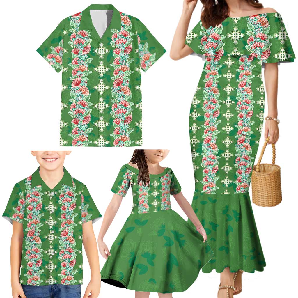 Hawaii Ohia Lehua Family Matching Mermaid Dress and Hawaiian Shirt Tropical Vibes Green