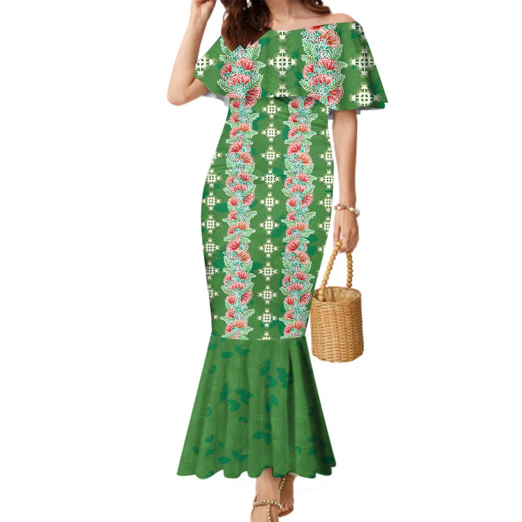 Hawaii Ohia Lehua Family Matching Mermaid Dress and Hawaiian Shirt Tropical Vibes Green