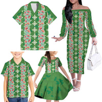 Hawaii Ohia Lehua Family Matching Off The Shoulder Long Sleeve Dress and Hawaiian Shirt Tropical Vibes Green