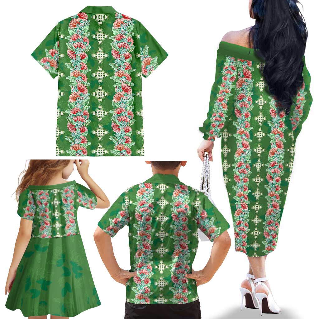 Hawaii Ohia Lehua Family Matching Off The Shoulder Long Sleeve Dress and Hawaiian Shirt Tropical Vibes Green