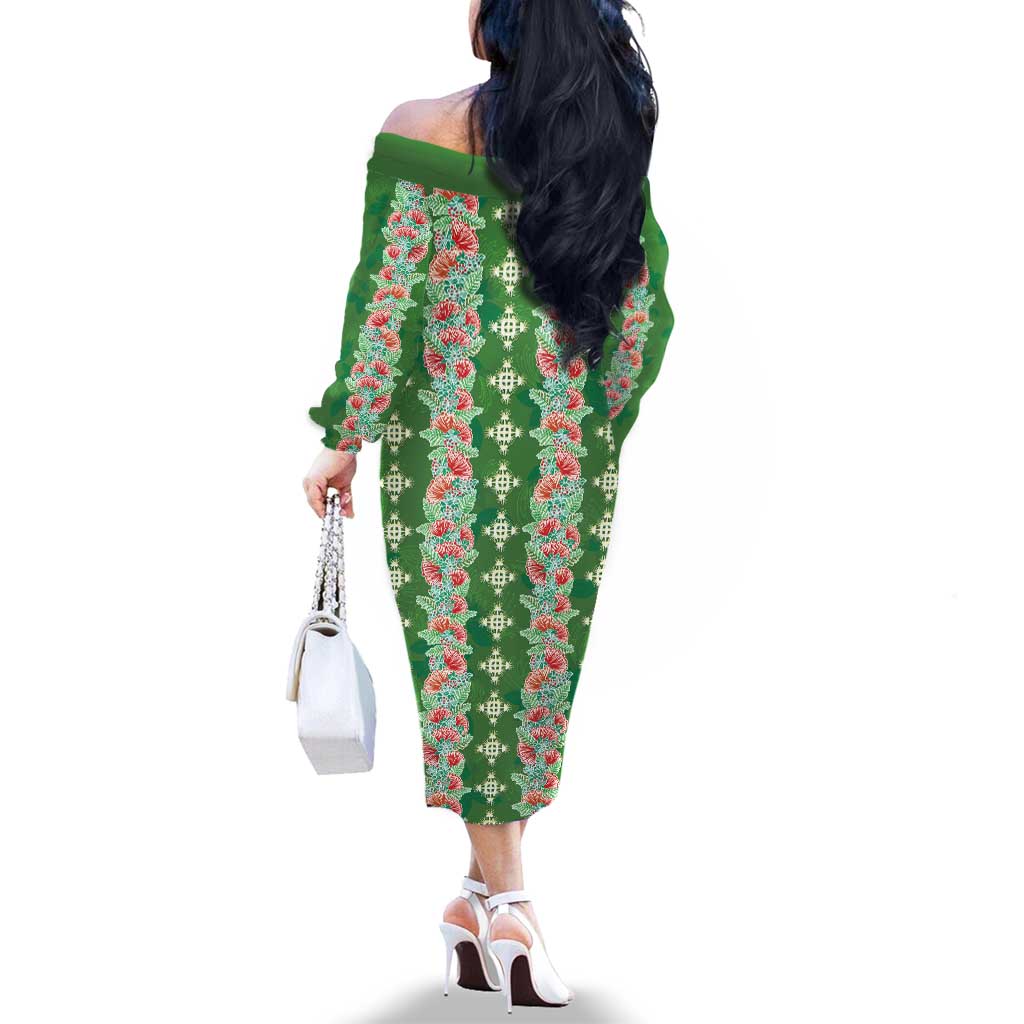 Hawaii Ohia Lehua Family Matching Off The Shoulder Long Sleeve Dress and Hawaiian Shirt Tropical Vibes Green