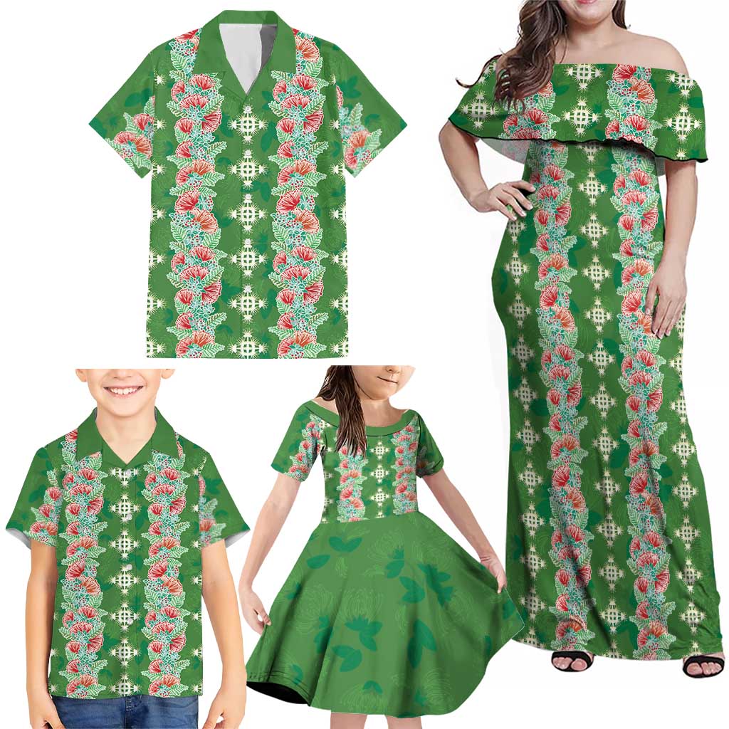 Hawaii Ohia Lehua Family Matching Off Shoulder Maxi Dress and Hawaiian Shirt Tropical Vibes Green