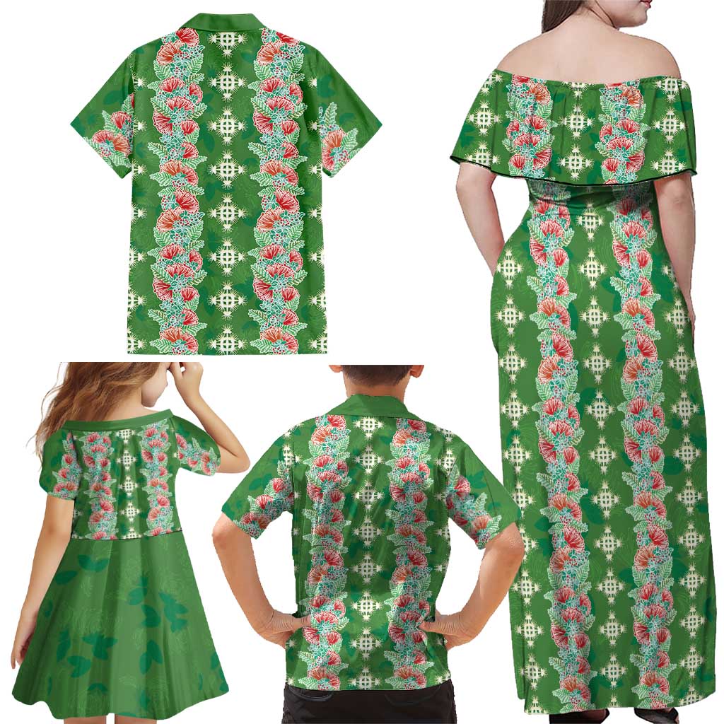 Hawaii Ohia Lehua Family Matching Off Shoulder Maxi Dress and Hawaiian Shirt Tropical Vibes Green