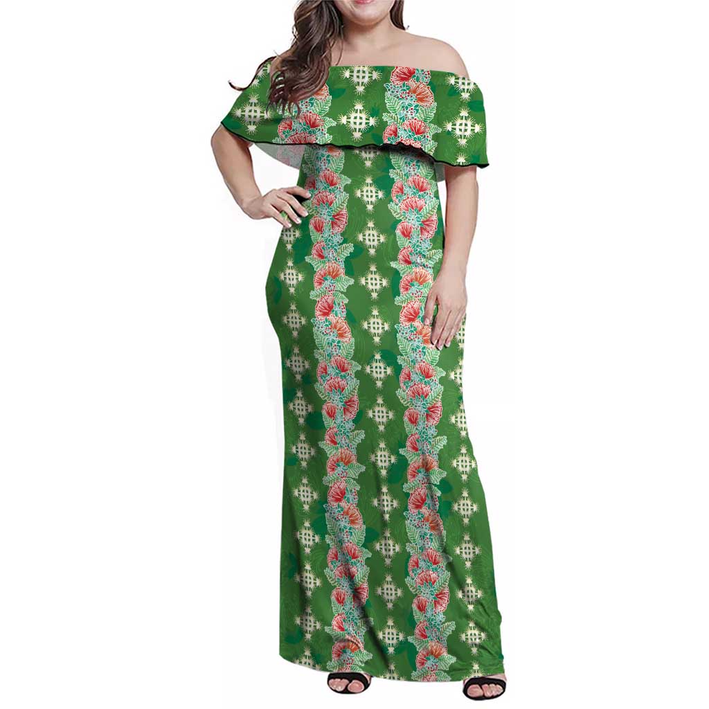 Hawaii Ohia Lehua Family Matching Off Shoulder Maxi Dress and Hawaiian Shirt Tropical Vibes Green