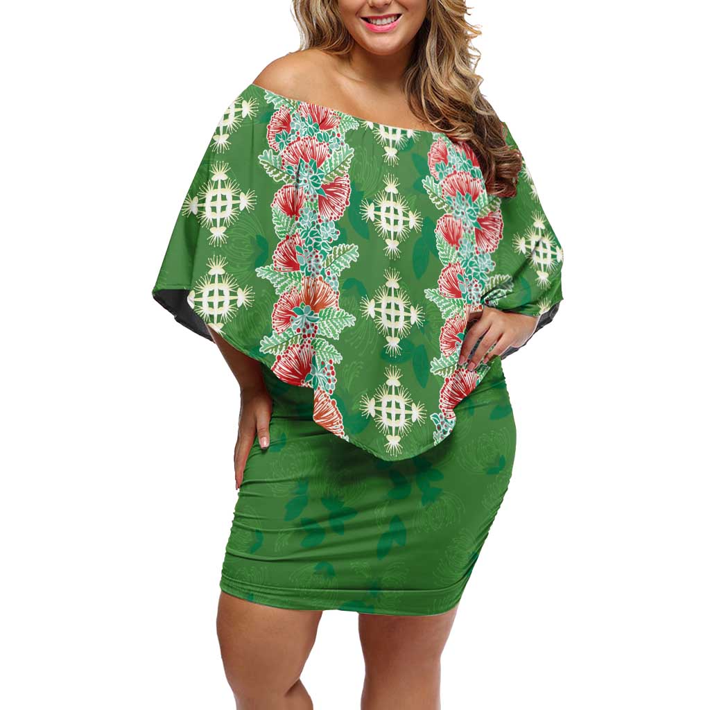 Hawaii Ohia Lehua Family Matching Off Shoulder Short Dress and Hawaiian Shirt Tropical Vibes Green