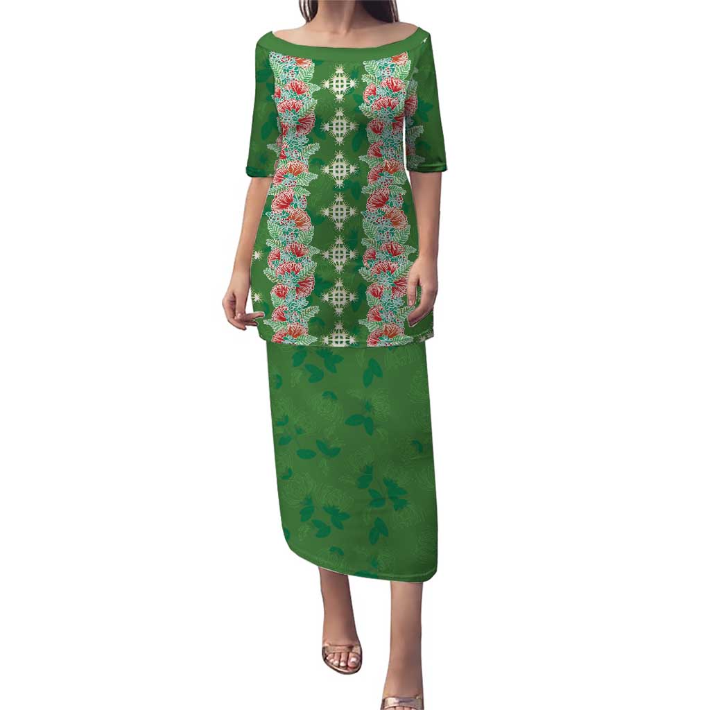 Hawaii Ohia Lehua Family Matching Puletasi and Hawaiian Shirt Tropical Vibes Green