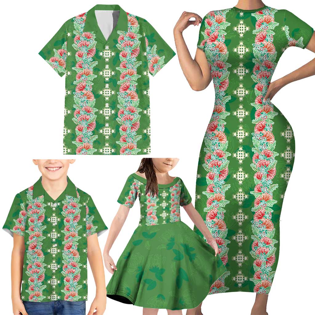 Hawaii Ohia Lehua Family Matching Short Sleeve Bodycon Dress and Hawaiian Shirt Tropical Vibes Green