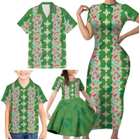 Hawaii Ohia Lehua Family Matching Short Sleeve Bodycon Dress and Hawaiian Shirt Tropical Vibes Green
