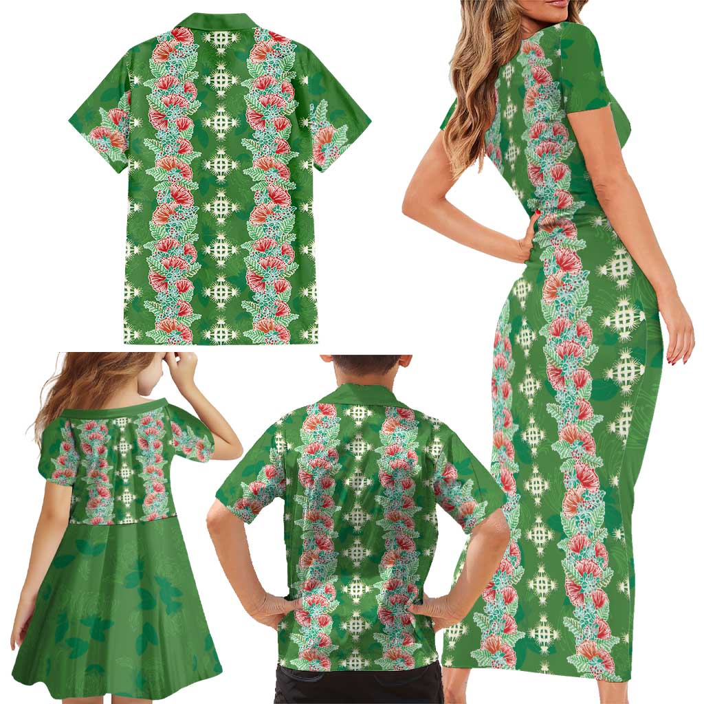 Hawaii Ohia Lehua Family Matching Short Sleeve Bodycon Dress and Hawaiian Shirt Tropical Vibes Green